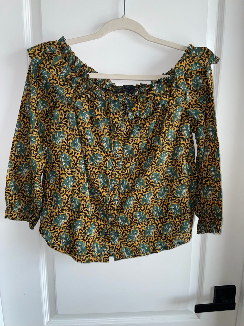 J.Crew Elephant Print Ruffle Peasant Blouse Size 8 Mustard Yellow Boho Top